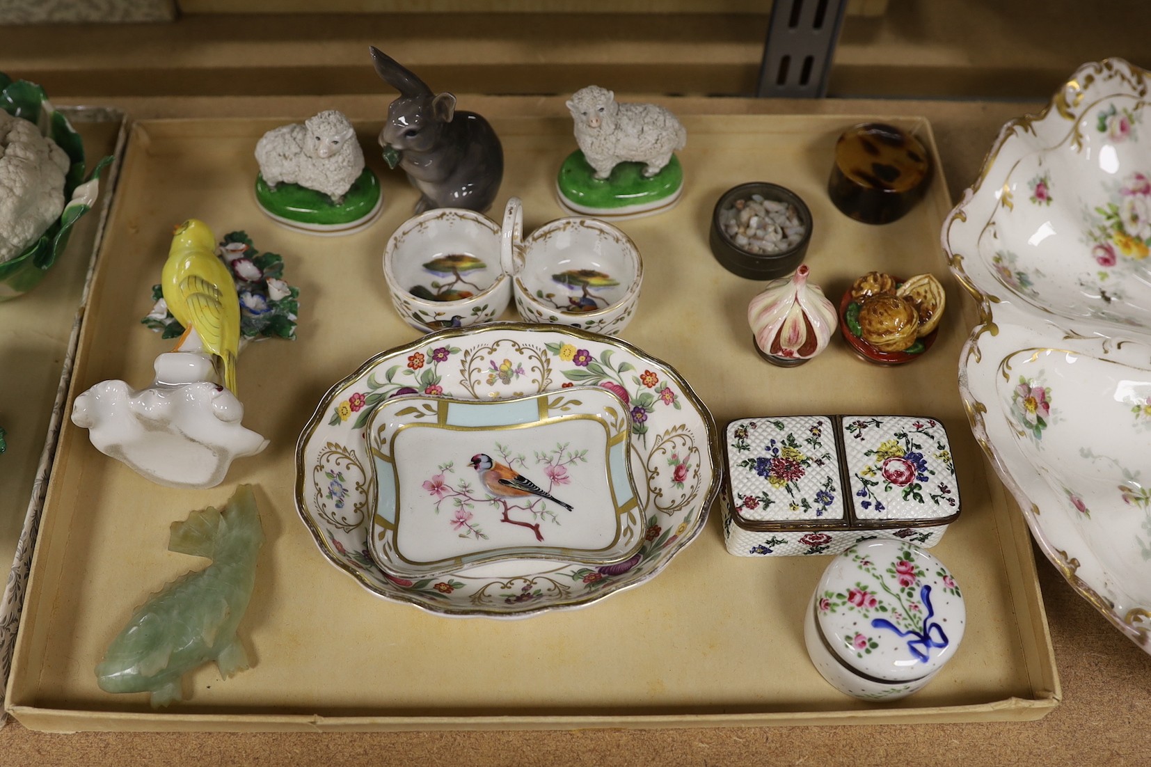 A Lady Anne Gordon, Dowager Marchioness of Aberdeen porcelain model of horseradishes, other models of vegetable or fruit by another hand, various boxes etc, largest item Limoges entree dish 29 cms long